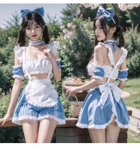 FEE ET MOI - Ruched Sweetheart Maid Outfit With Stockings (Blue - White)